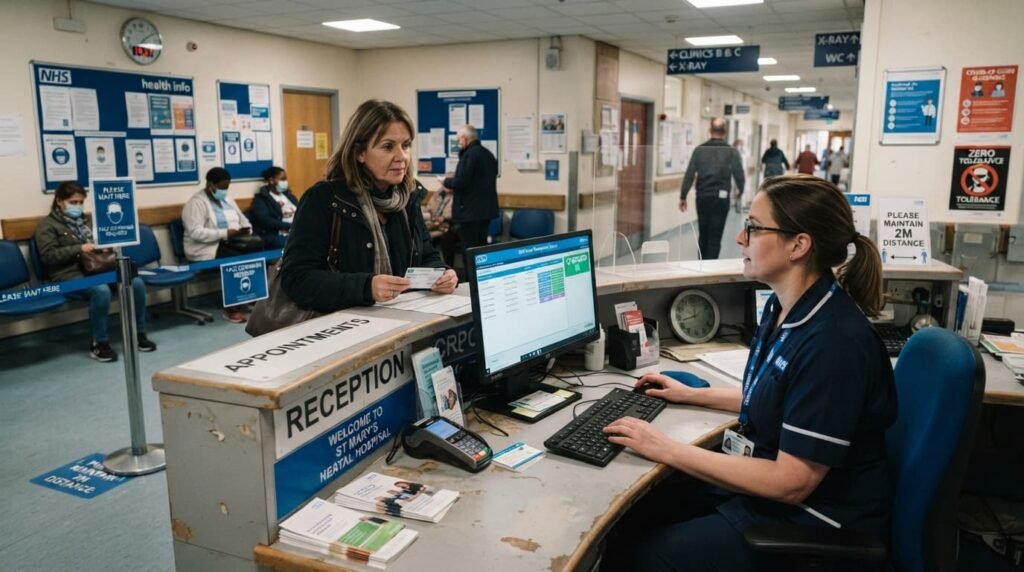 Medical receptionist checking an appointment on a clinic screen