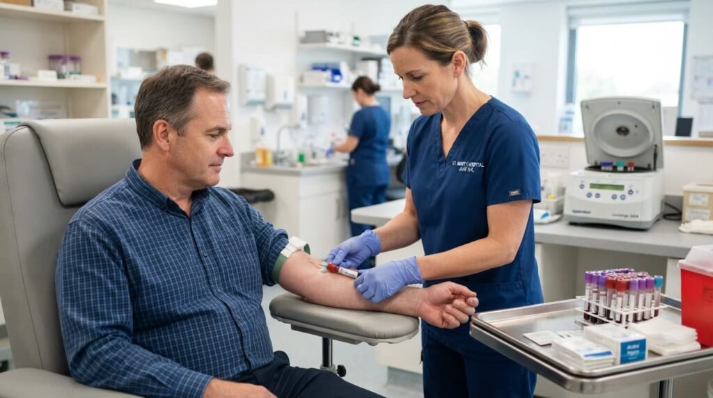 Nurse drawing blood sample for PRP injection for knee preparation