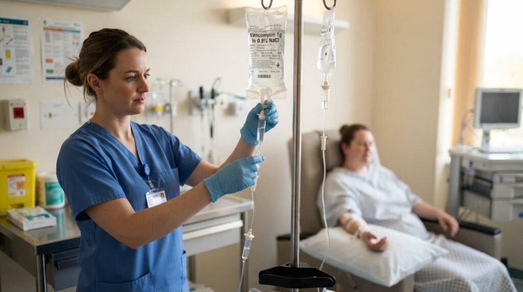 Nurse Preparing Intravenous Antibiotics For Knee Infection Treatment