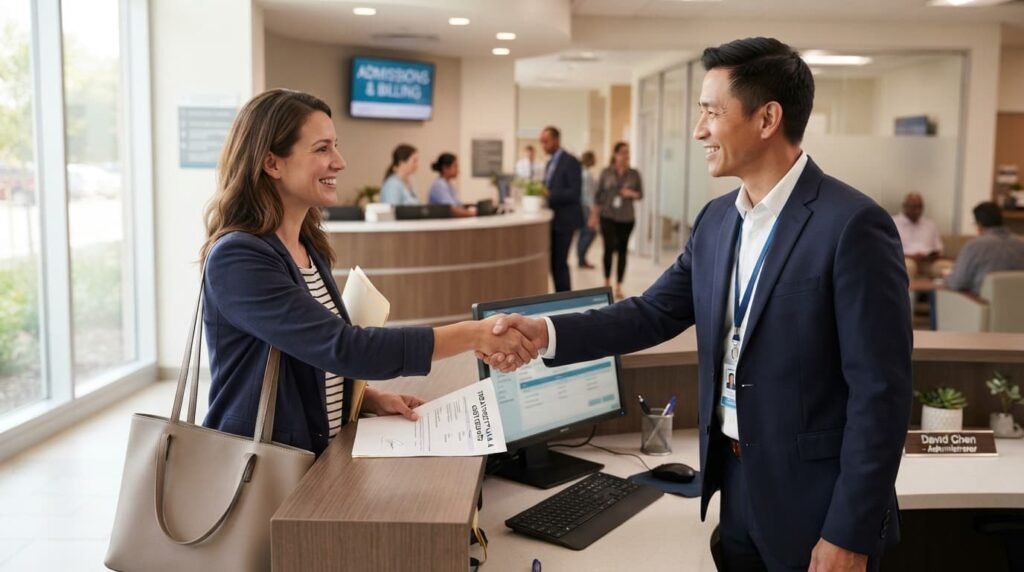Patient and administrator finalising a private treatment cost estimate