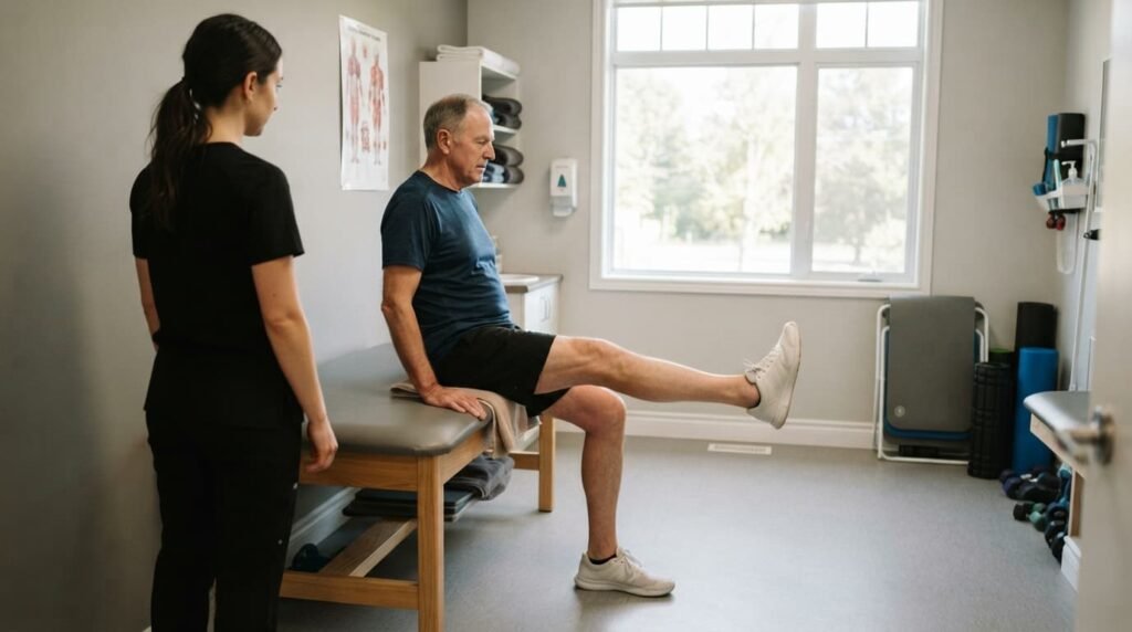 Patient performing leg extension exercise for knee arthritis