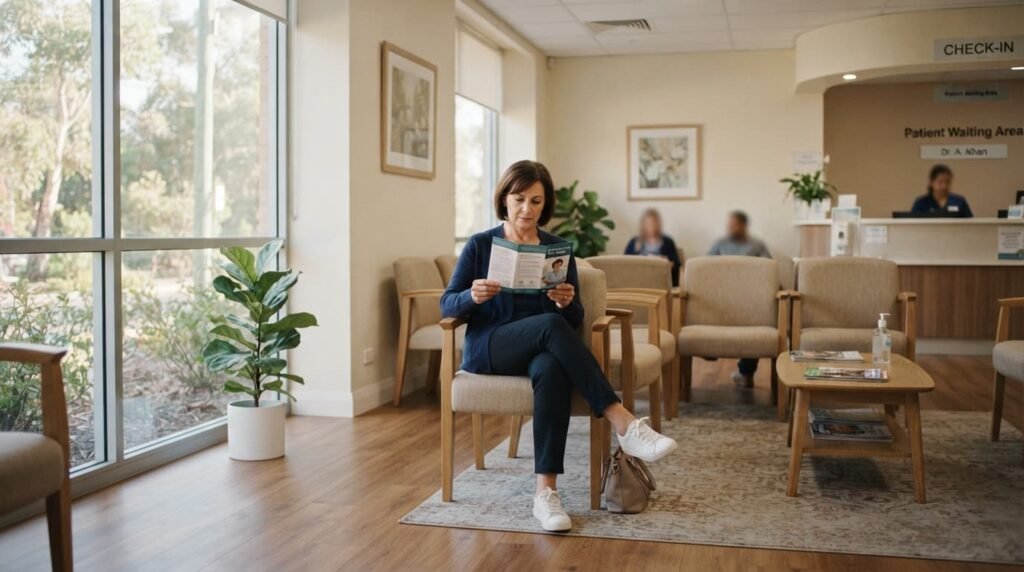 Patient Reading Treatment Leaflet in Clinic Waiting Area