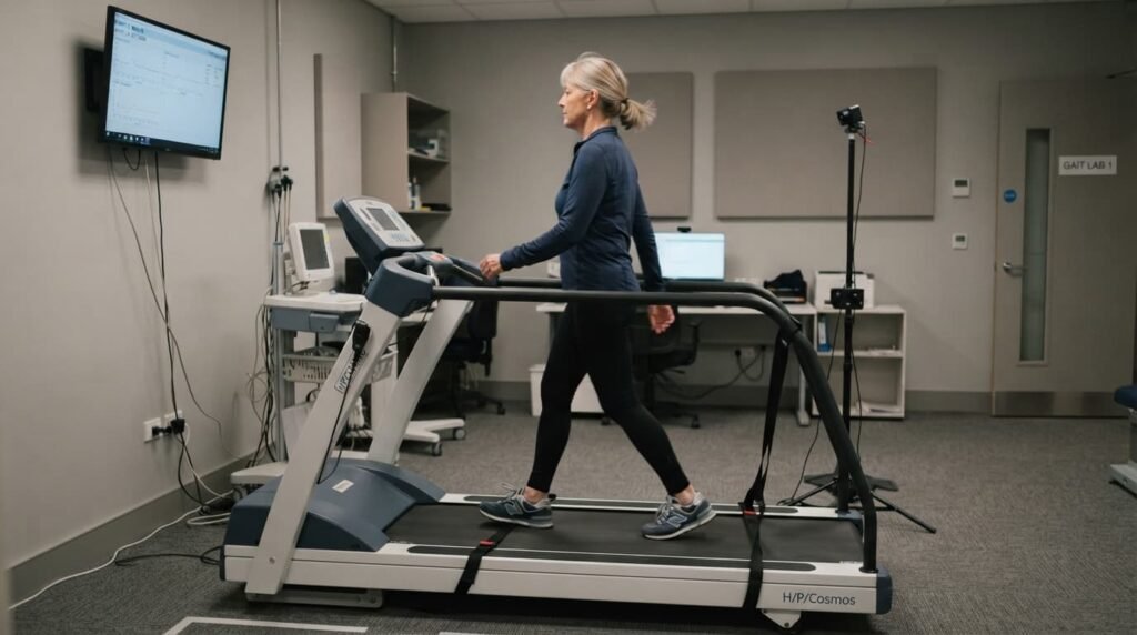Patient walking on treadmill during gait assessment