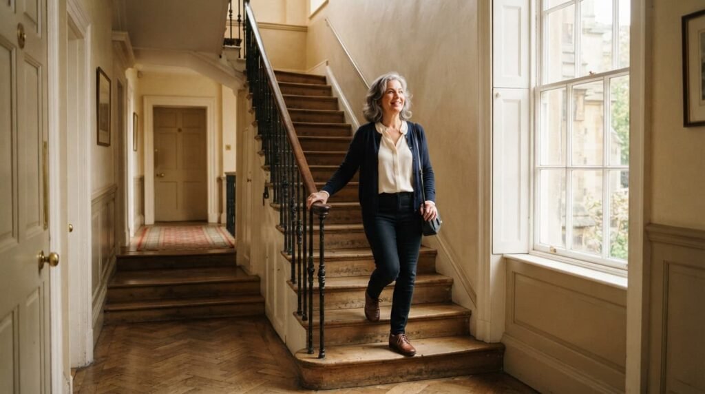 Patient walking confidently up staircase after weight loss
