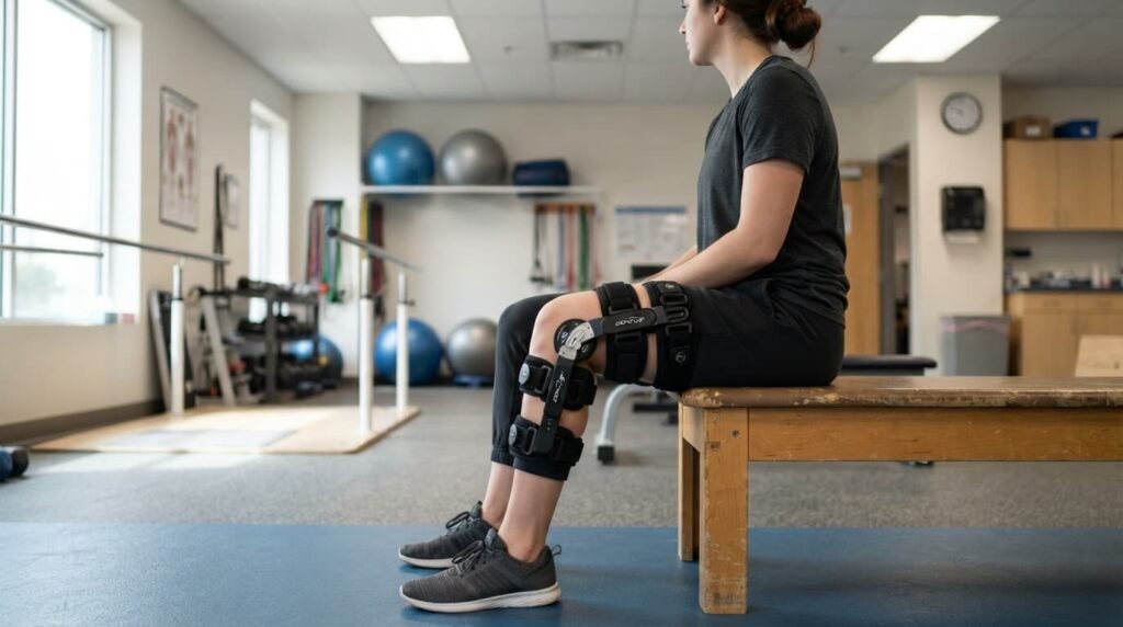 Patient Wearing Knee Brace For ACL Bracing Protocol