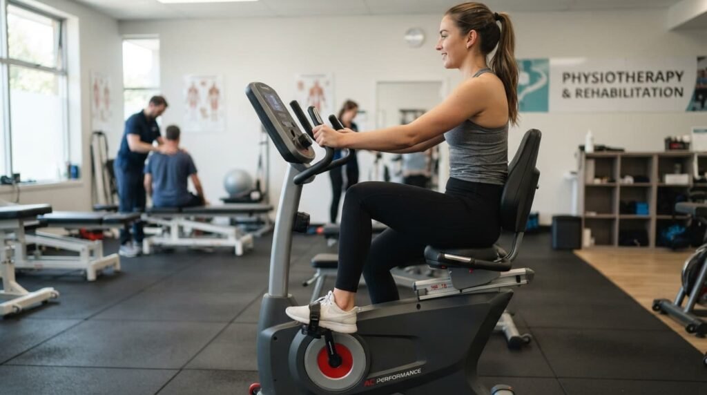 Person cycling on a stationary bike for knee rehabilitation