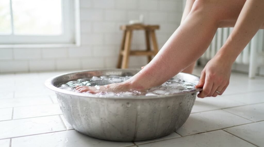 Knee being submerged into a basin of ice water demonstrating how an ice bath for knee pain reduces swelling