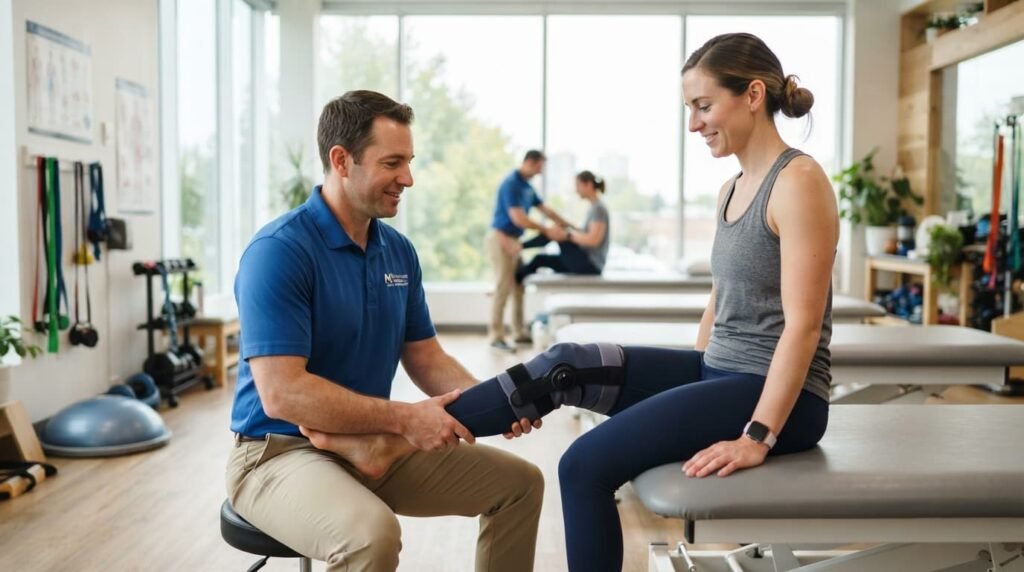 Physical Therapist Assisting Patient with Knee Exercise