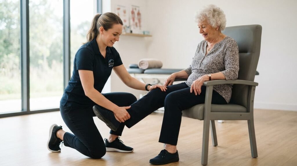 Physiotherapist guiding patient through knee strengthening exercise session