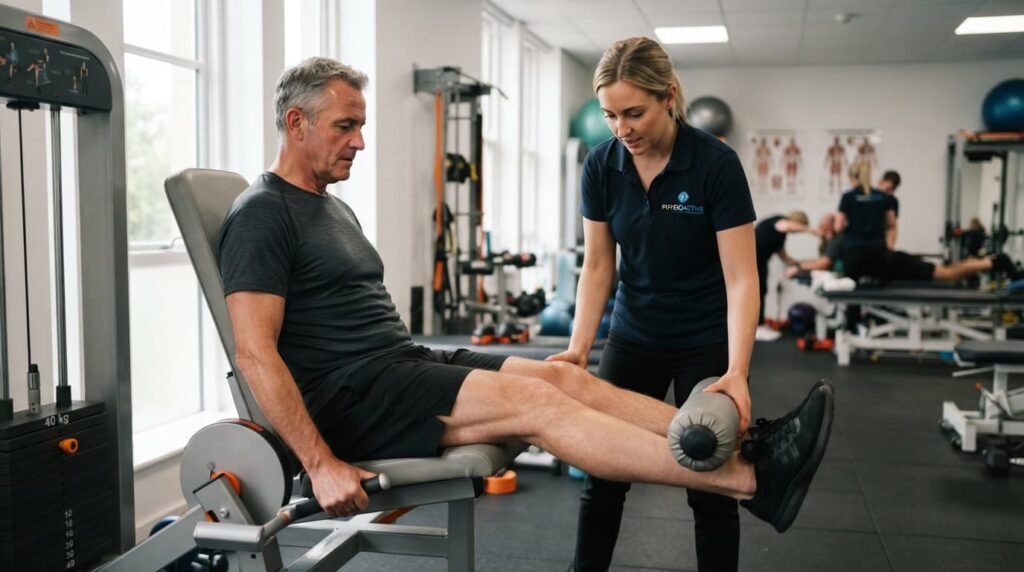 Physiotherapist Guiding Knee Strengthening for Arthritis Patient