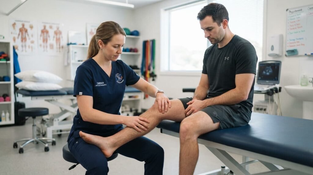 Physiotherapist Testing Patient's Knee for Injury Diagnosis