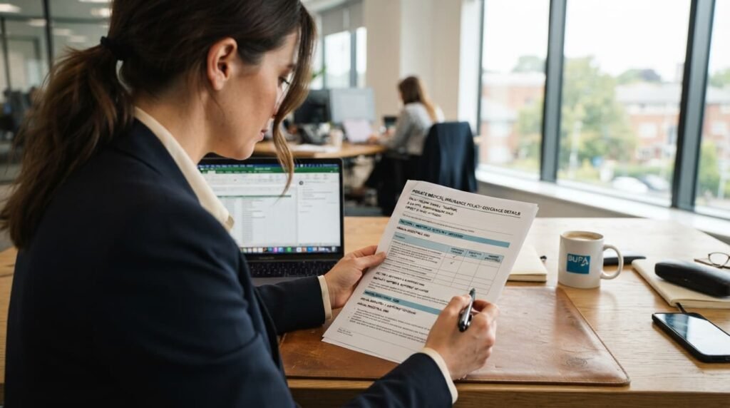 Professional reviewing a private medical insurance policy document