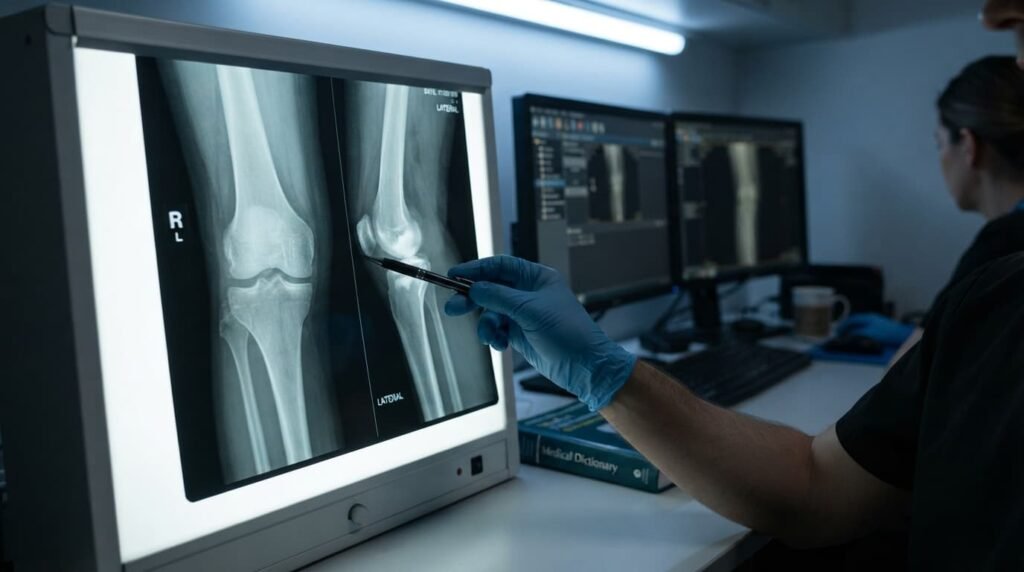 subchondral sclerosis knee osteoarthritis x-ray showing bone thickening on lightbox