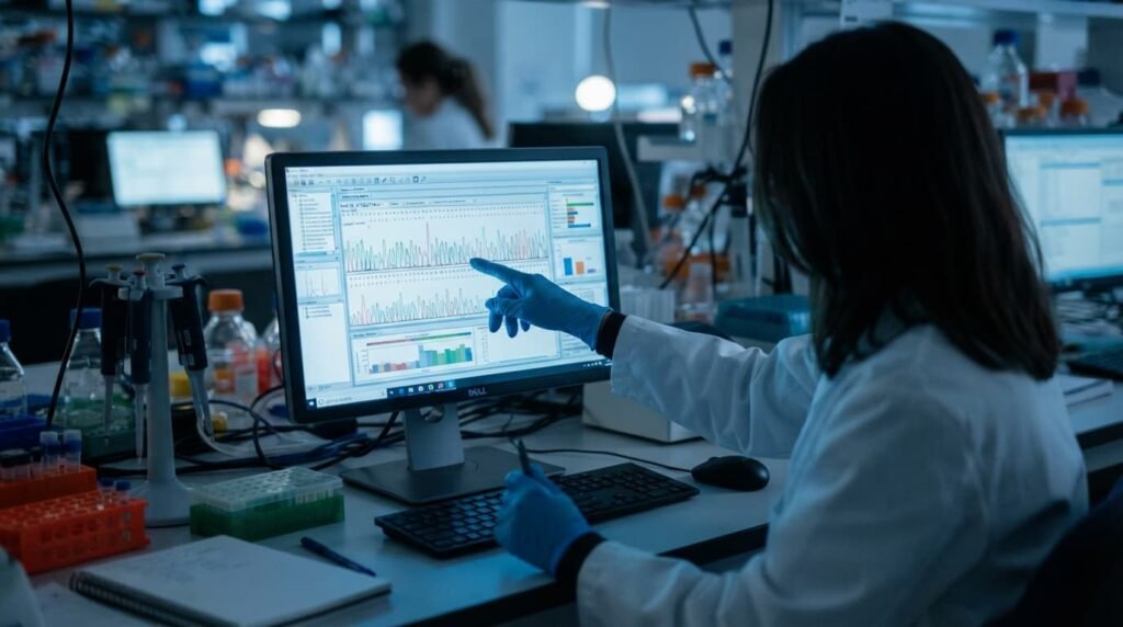 Scientist examining DNA sequencing data linked to osteoarthritis genetic research