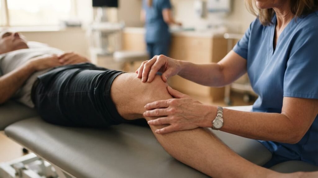 Specialist Doctor Examining Patient Knee Joint