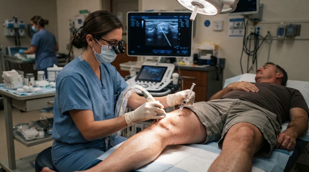 Specialist performing ultrasound-guided knee injection with real-time imaging