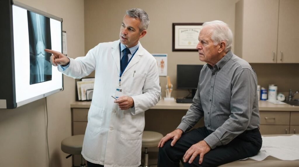 Surgeon Showing X-Ray to Patient After Knee Replacement