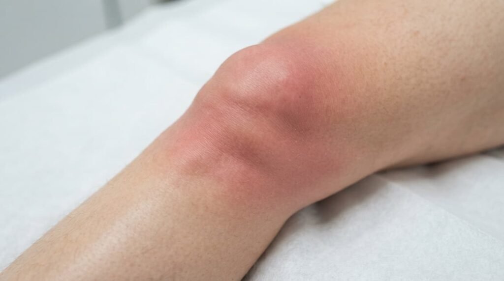 Swollen, reddened knee on an examination sheet during knee pain treatment assessment