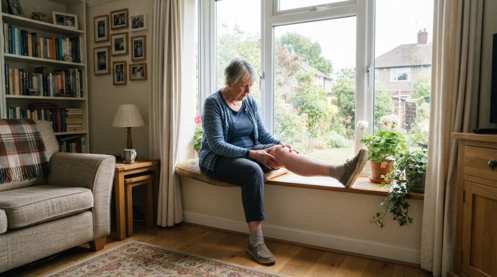 Woman Examining Swollen Knee by the Window