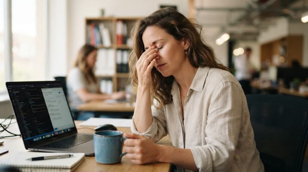 Woman Rubbing Eyes From Fatigue at Her Desk