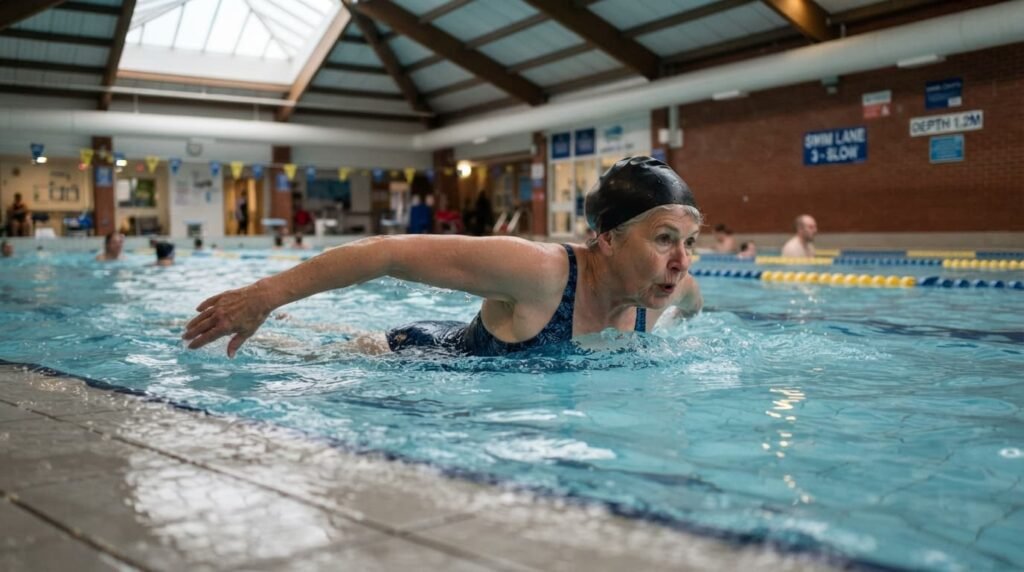Woman swimming as low-impact exercise to manage osteoarthritis genetic risk