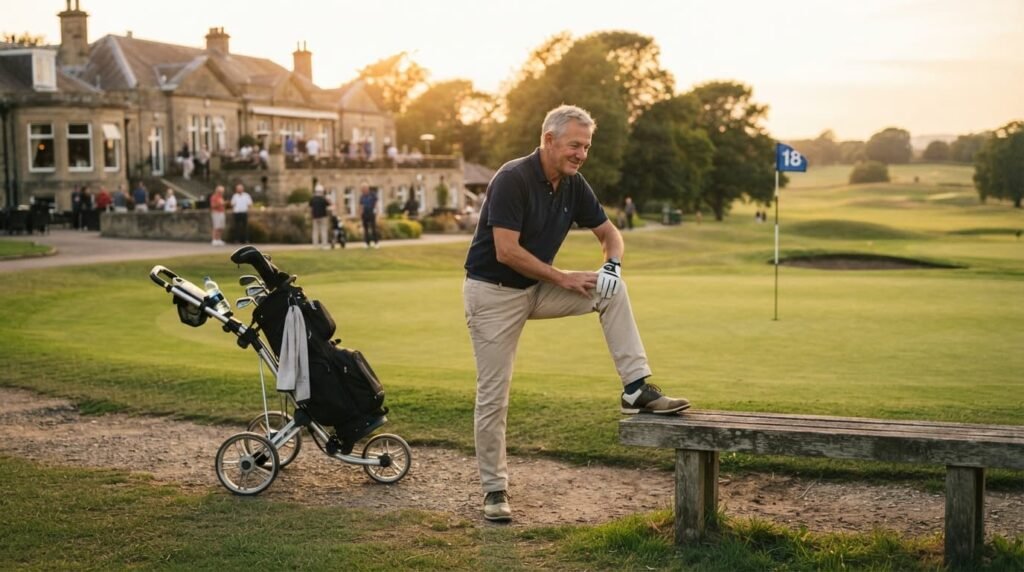 Golfer Stretching Hamstring on a Bench After a Round