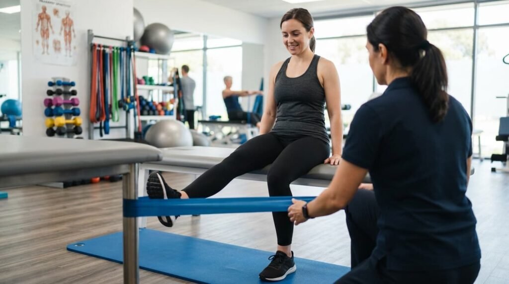 Patient Performing a Seated Leg Exercise During Physiotherapy