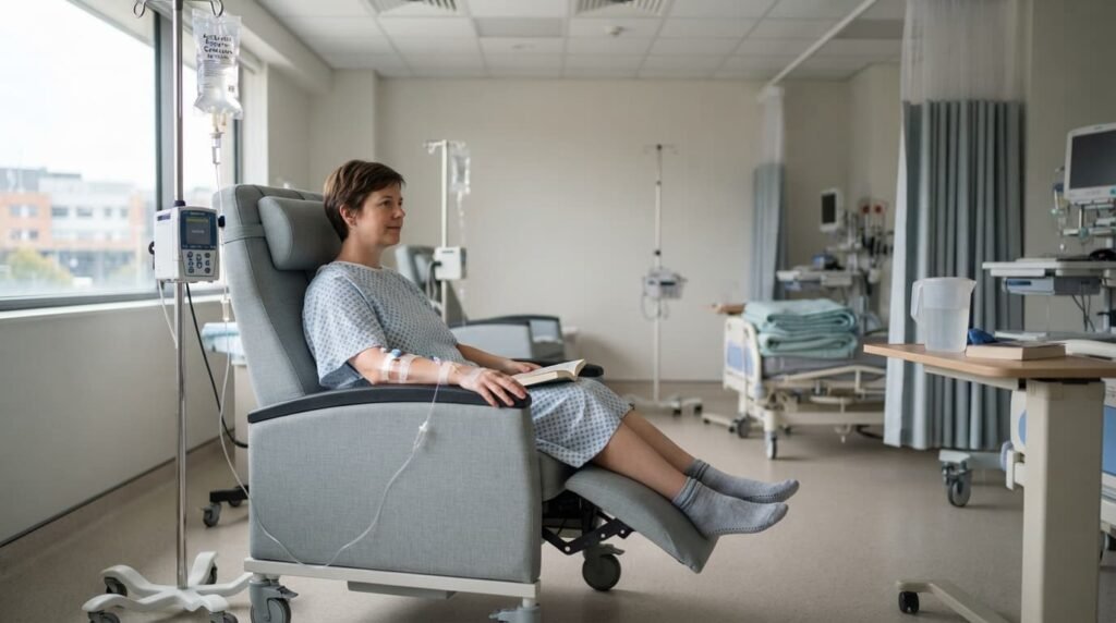 Patient Seated Upright in a Knee Clinic Treatment Room
