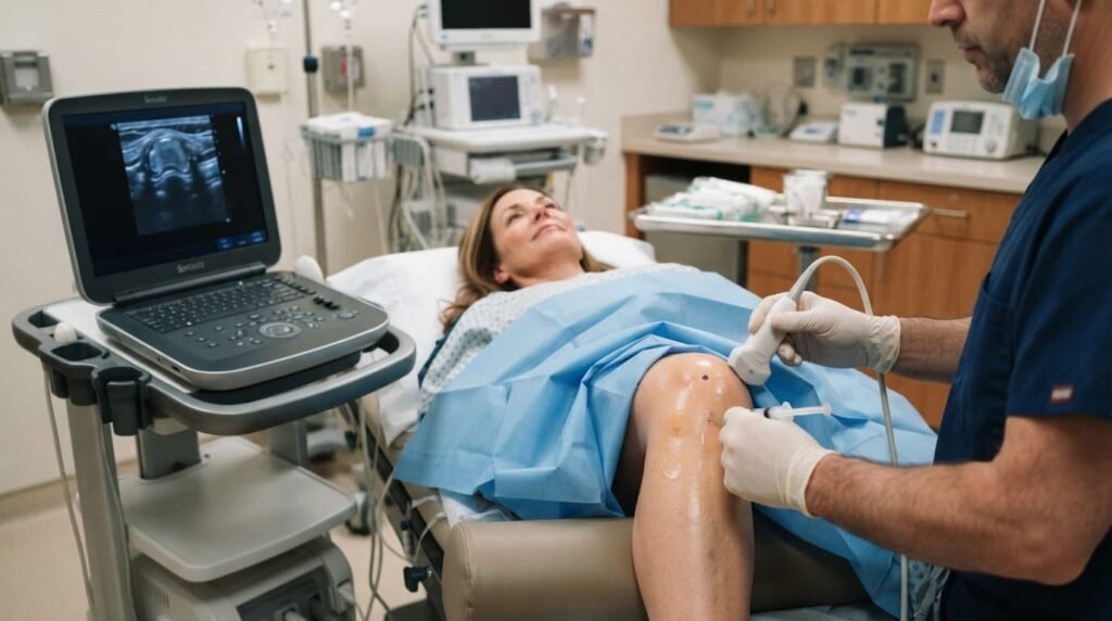 Ultrasound guided knee injection during Arthrosamid procedure