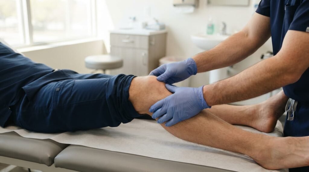 Clinician Examining a Patient's Leg During a Knee Assessment