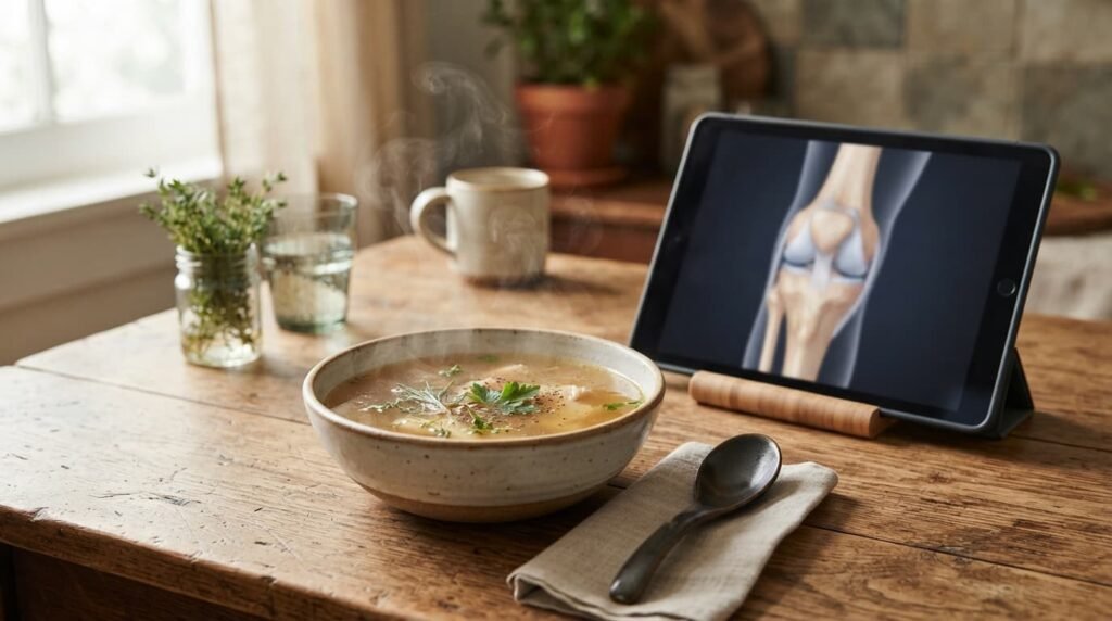Bowls of joint-friendly breakfast ingredients arranged on a kitchen counter beside a laptop for weekly meal planning