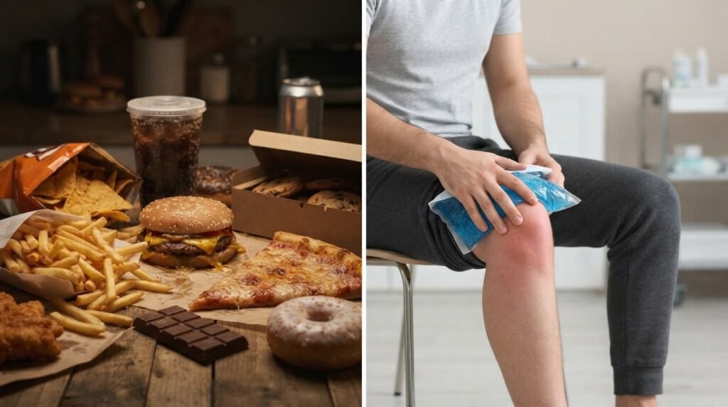 Split image showing processed and fried foods beside a person holding their painful knee, illustrating diet's link to joint inflammation