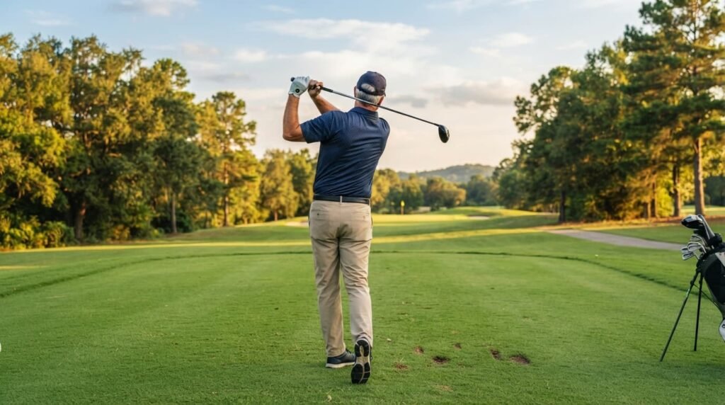 Right-Handed Golfer Finishing the Swing on the Course