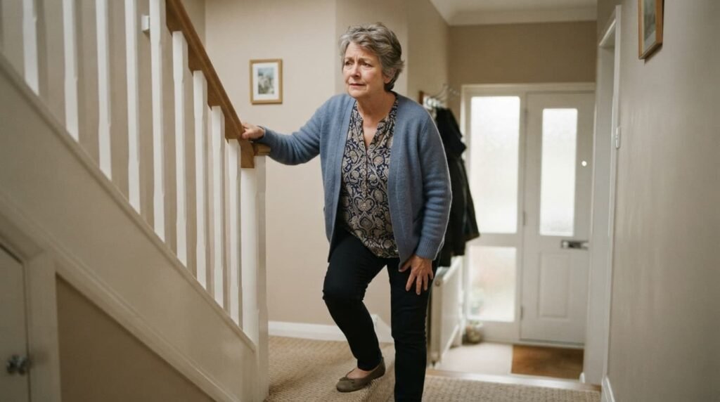 Woman Using a Banister to Ease Knee Strain on the Stairs