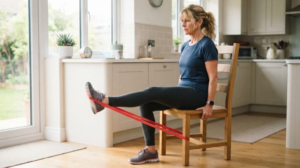Seated knee strengthening exercise supporting osteoarthritis recovery