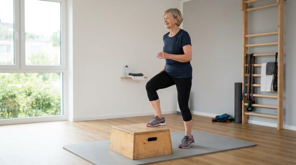 Woman Doing a Step-Up Exercise in a Physiotherapy Room