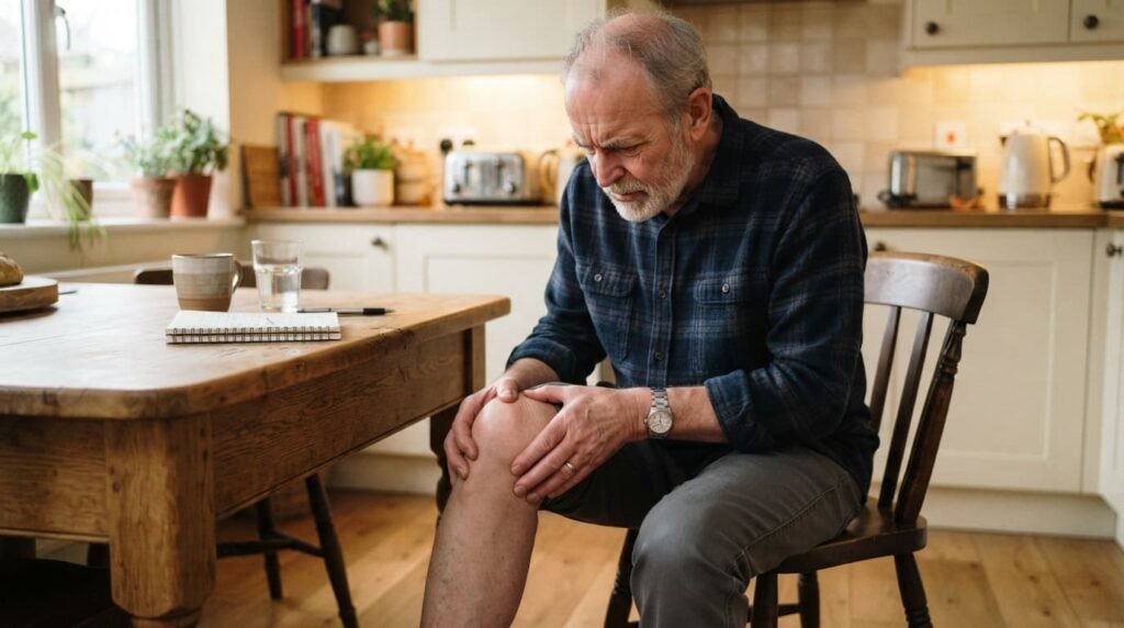 Patient checking for knee swelling after injection treatment