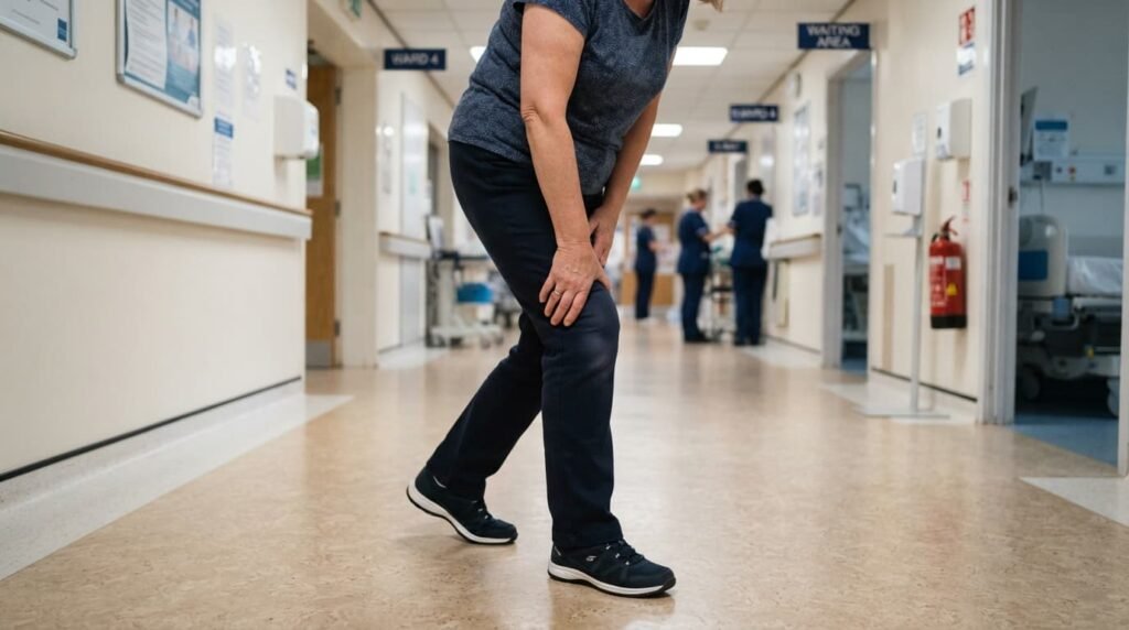 Adult Pausing Due To Heavy Knee Sensation While Walking