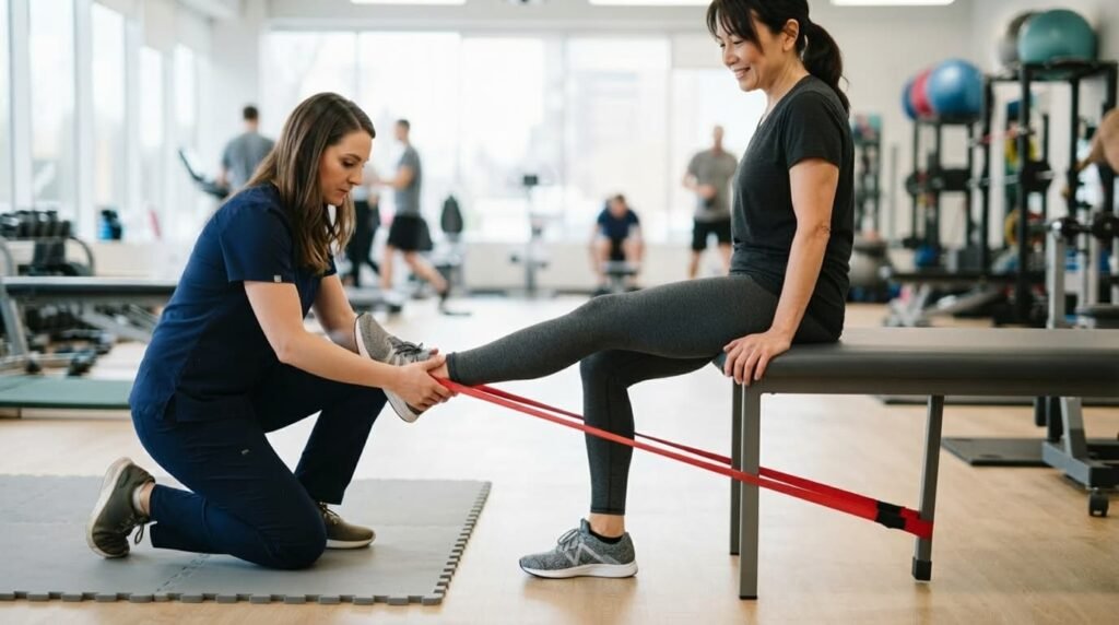 Physiotherapist Guiding Knee Strengthening Exercise For Joint Pain