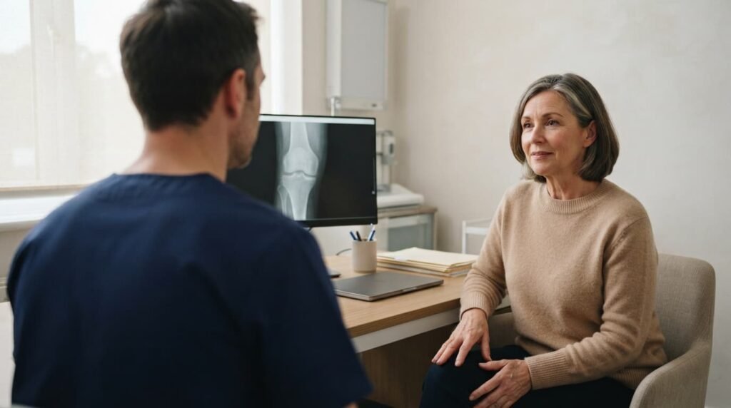 Patient Discussing Knee Symptoms During a Specialist Consultation