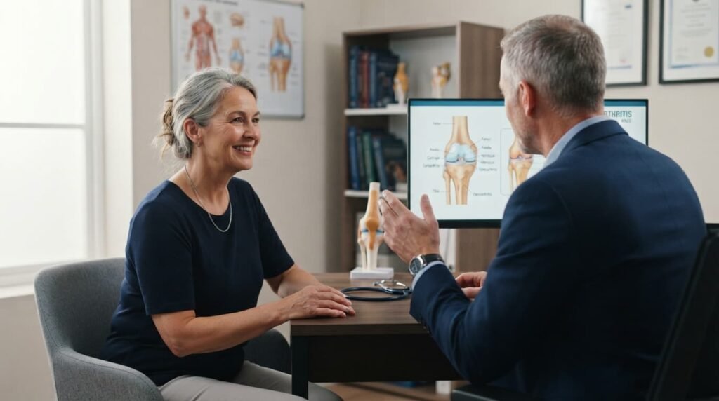 Knee specialist talking with a patient during a consultation at a UK clinic