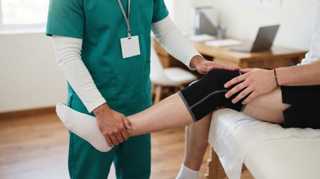 Clinician Examining a Patient's Braced Knee in a Clinic