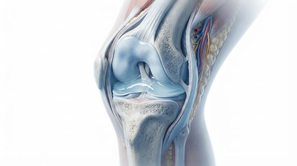 3D medical illustration of the human knee joint anatomy showing cartilage and hydrogel cushioning