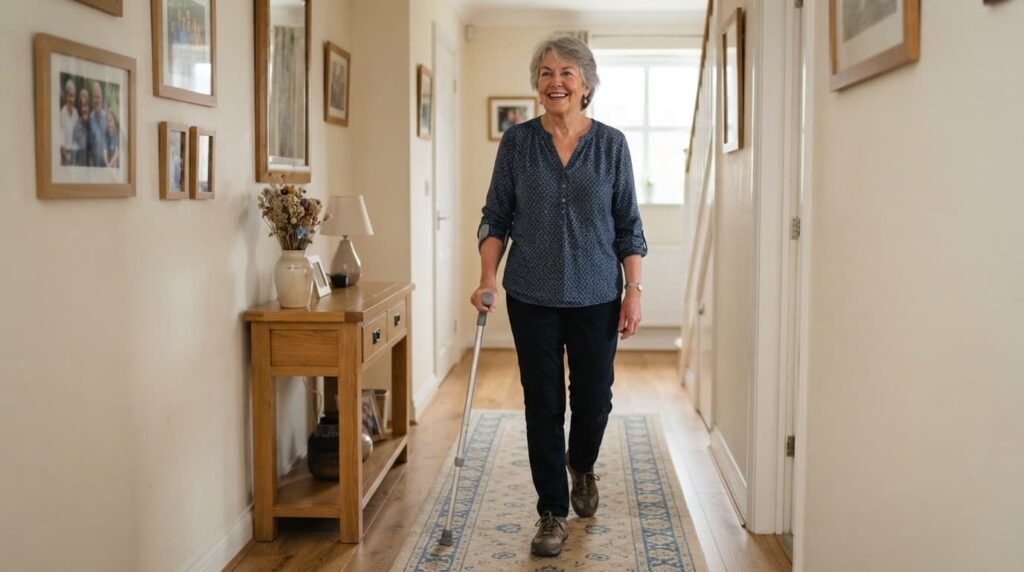 Woman in her sixties walking down a home hallway using a single crutch for light support.