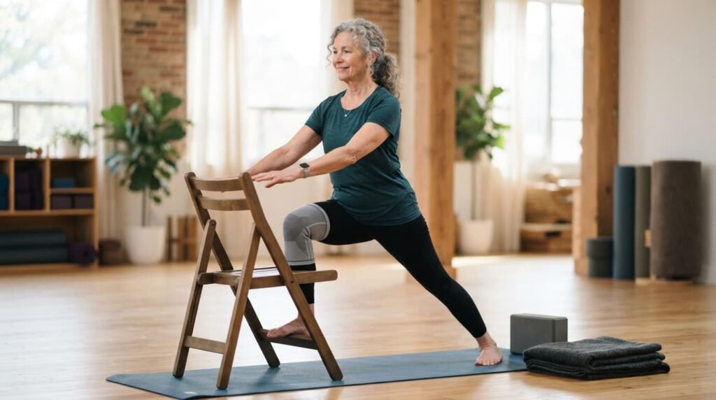 Older Woman Doing a Supported Knee Stretch Exercise at Home