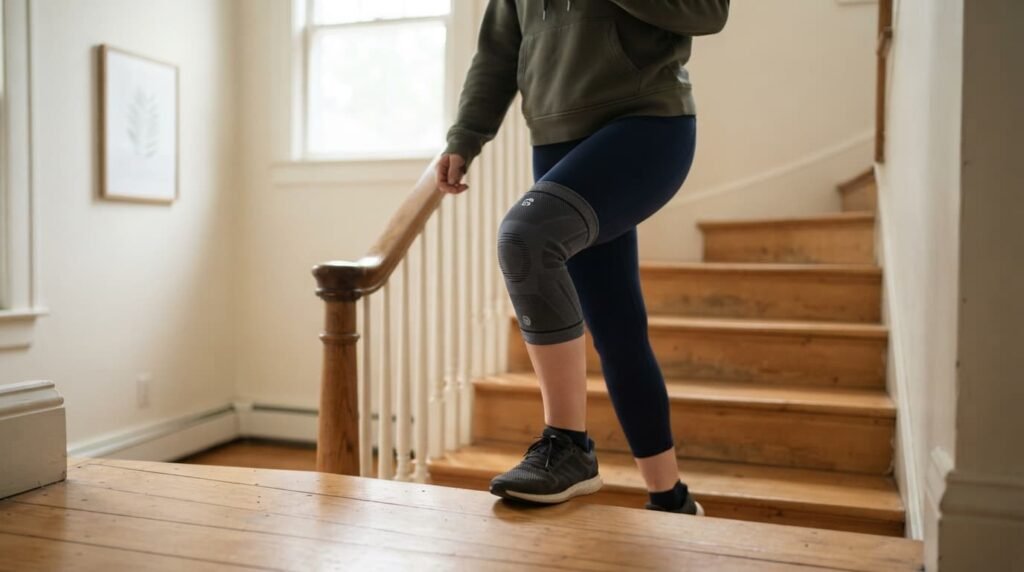 Person Wearing a Knee Compression Sleeve While Climbing Stairs