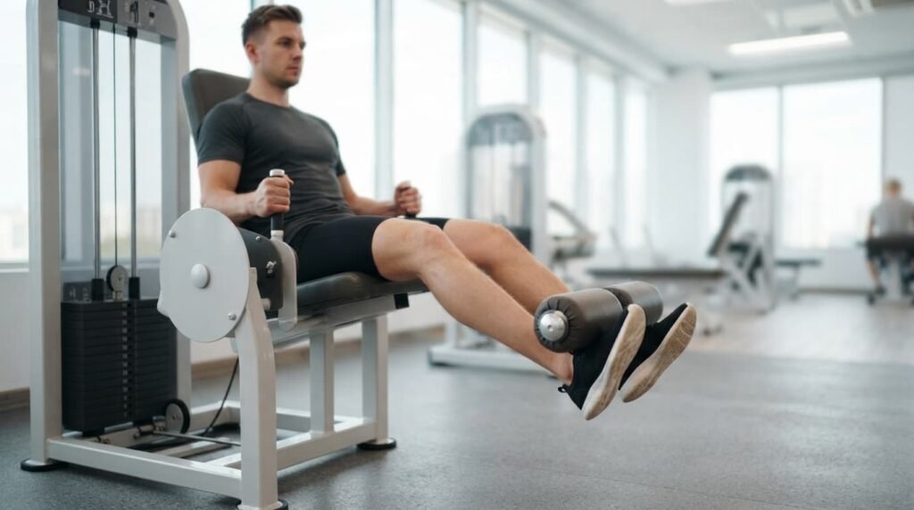 Person performing a leg extension exercise on gym equipment to build strength and support knee joint stability