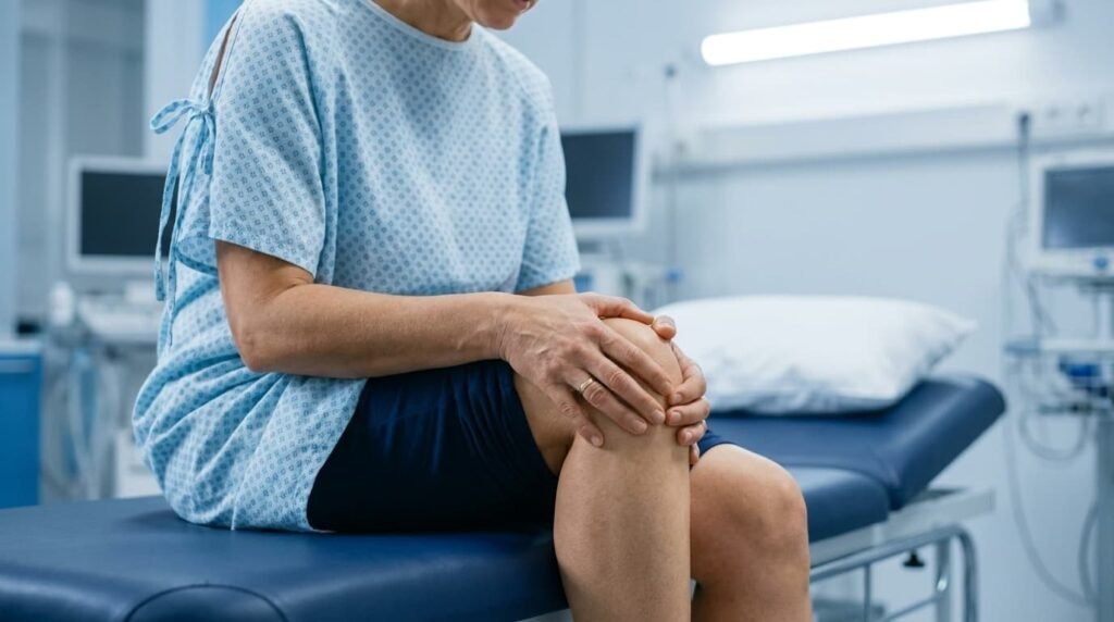 Woman with knee pain from osteoarthritis at a UK clinic before Arthrosamid treatment