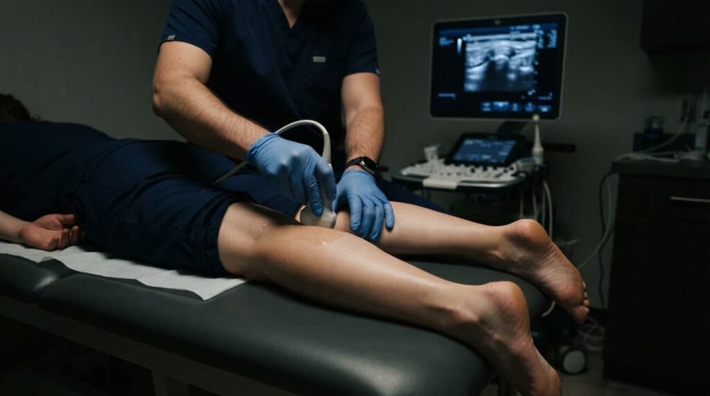 Ultrasound scan being used to diagnose a cyst behind the knee