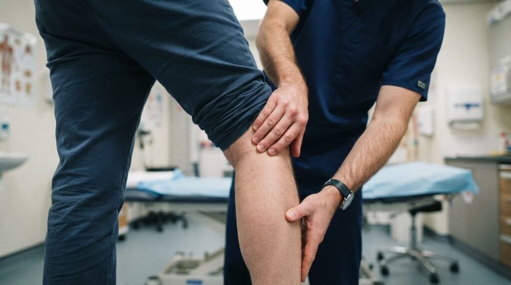 Close-up examination of a lump behind the knee in the popliteal fossa